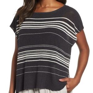 Eileen Fisher Linen Crepe Poncho Top Size Small Gray Striped Boat Beck High Low